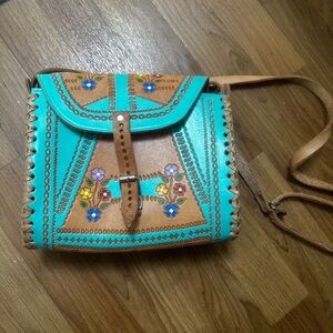 Turquoise and Tan Floral Tooled real Leather Crossbody Bag